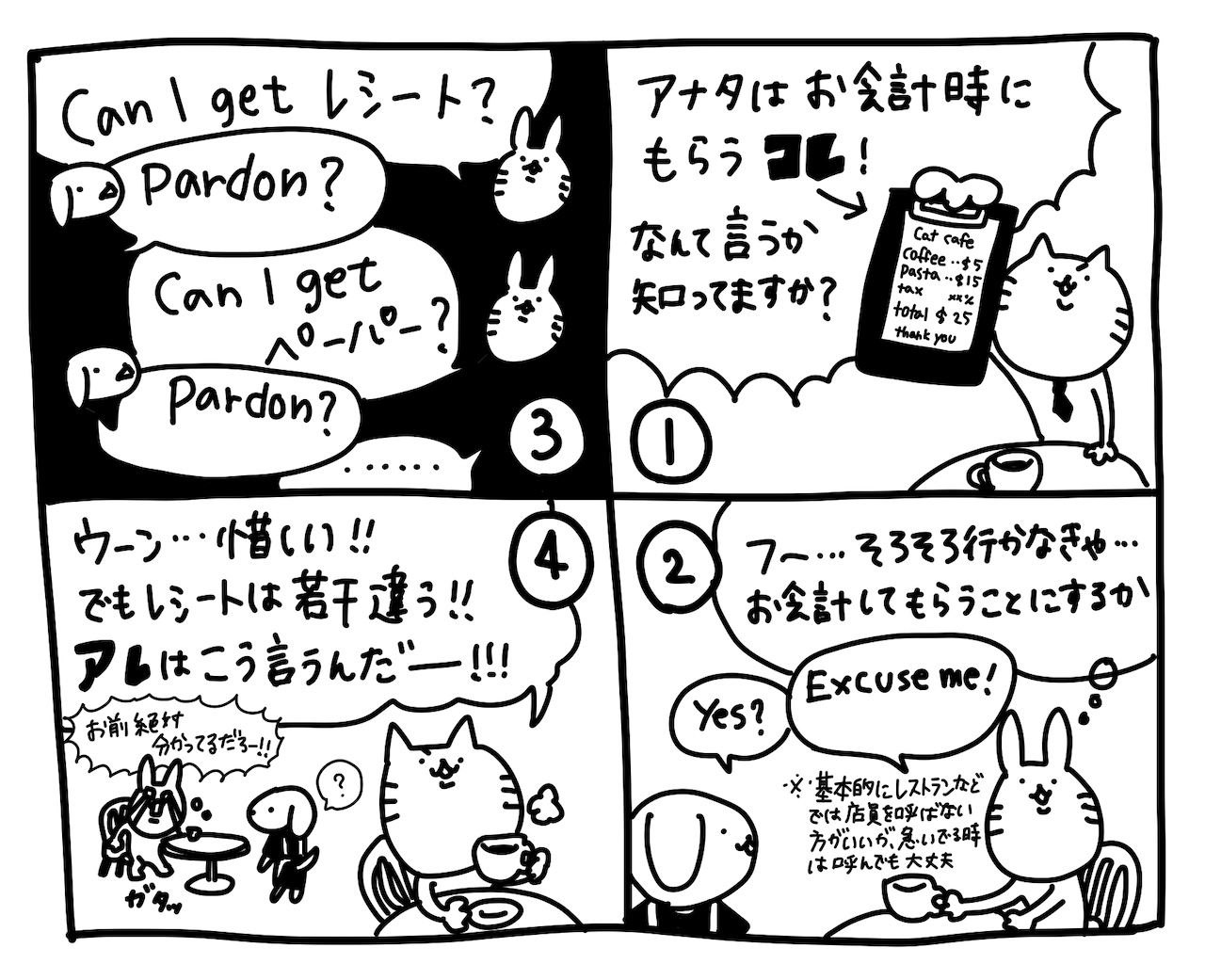 ひとこと英会話マンガ【２７】「お会計してください」って何て言う？