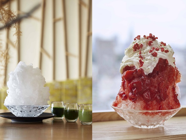 【左：利き茶かき氷】、【右：赤富士～苺練乳クリーム】