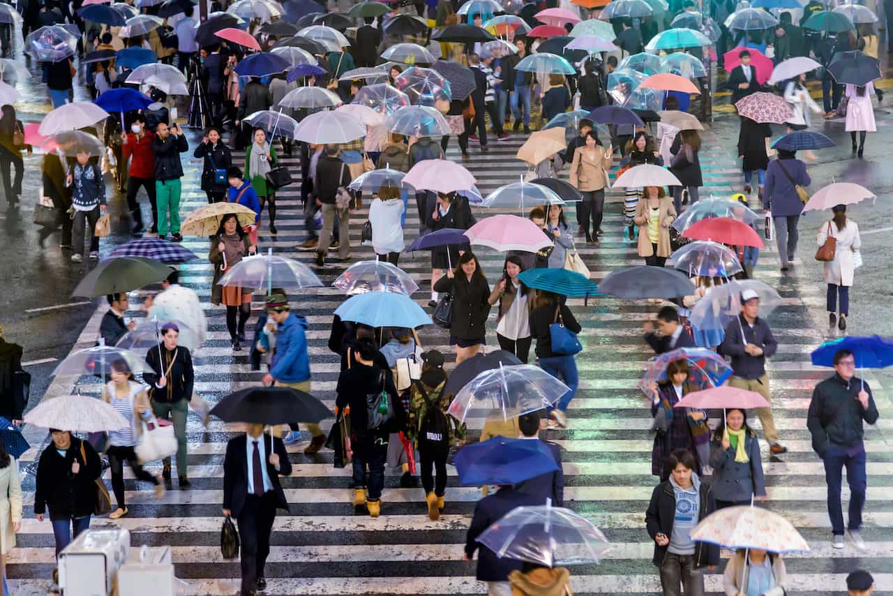 雨の日に東京の交差点を渡る人たち
