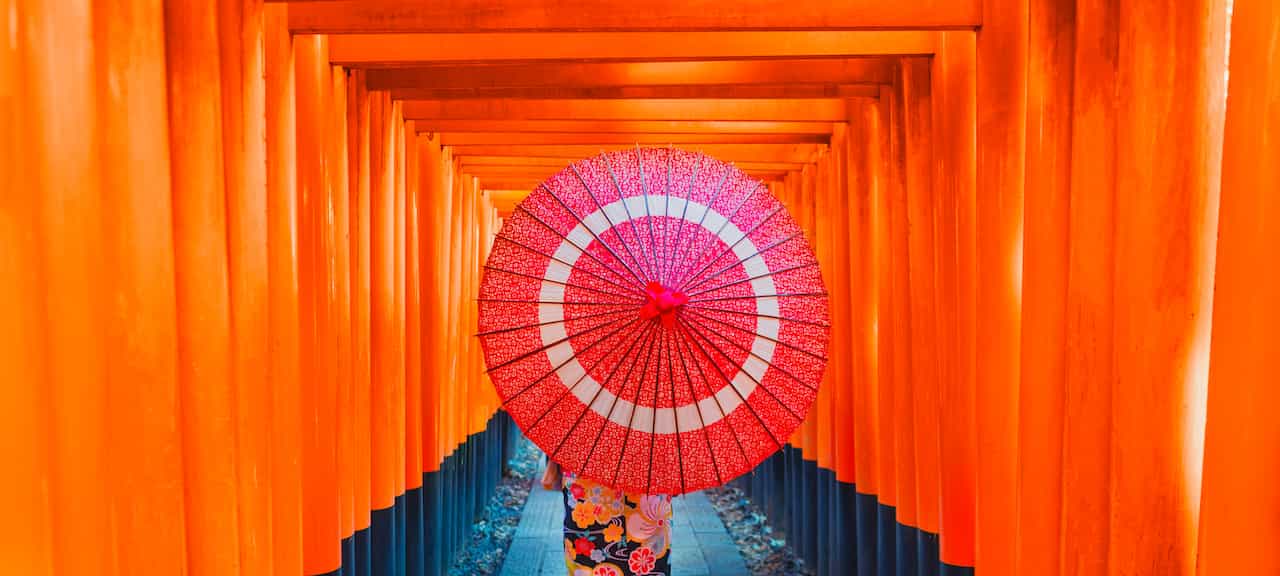 神社で和傘をさす女性
