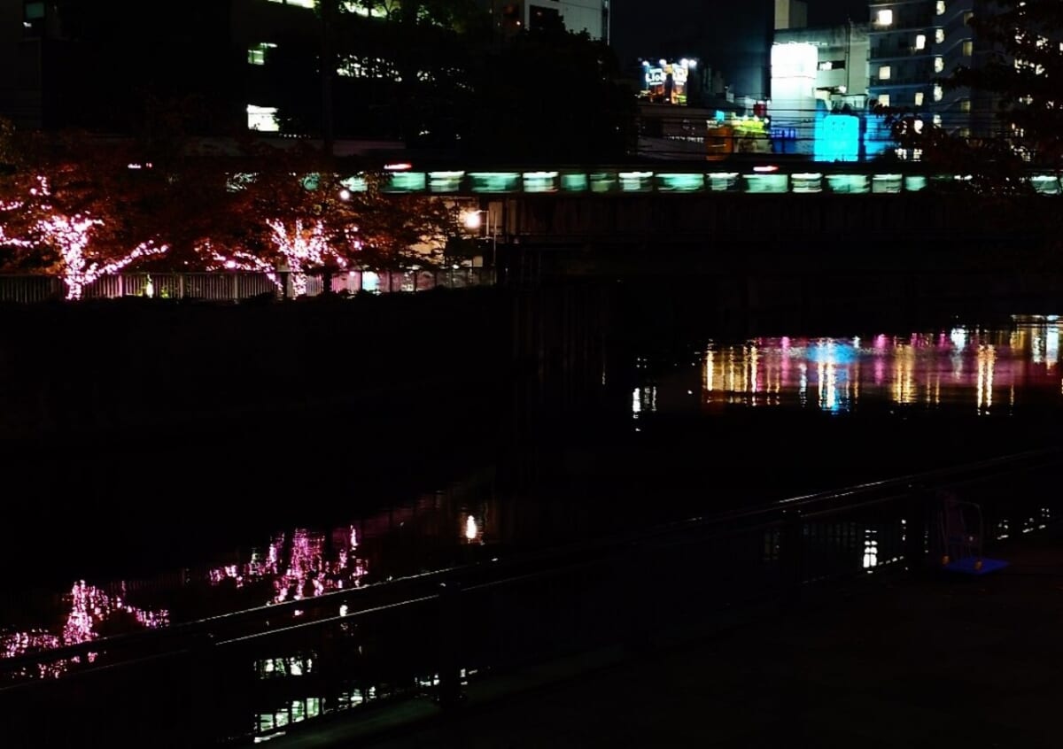 東京都品川区・「目黒川みんなのイルミネーション」橋の上から見える電車