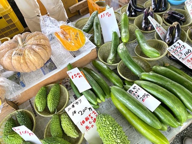 弘田さんのお店　露地オクラ1盛り100円 露地きゅうり1本200円　三毛門カボチャ　