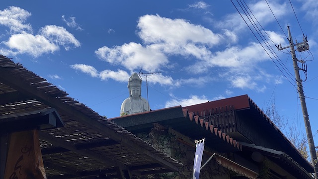 高崎白衣大観音　参道の店の屋根から見える