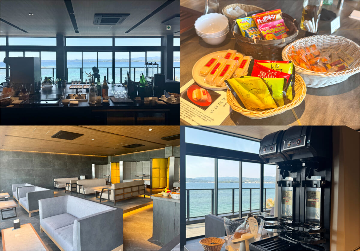 「FIVE SPRING RESORT THE SHIRAHAMA」ラウンジの様子、お菓子、ビールサーバー