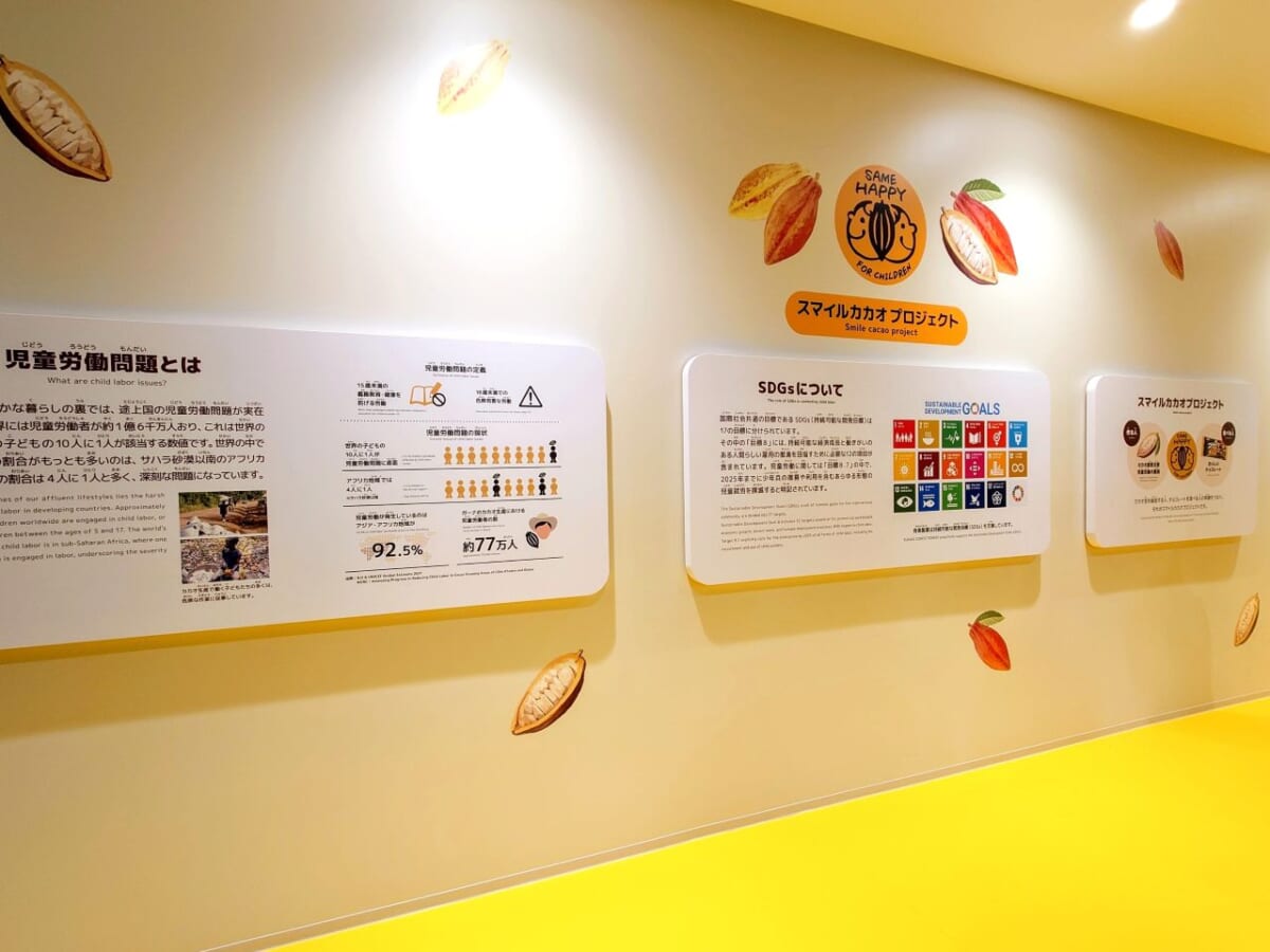 愛知県豊橋市・有楽製菓株式会社「ブラックサンダー ワクザクファクトリー」工場見学「ワクザクファクトリー見学通路」スマイルカカオプロジェクトの展示