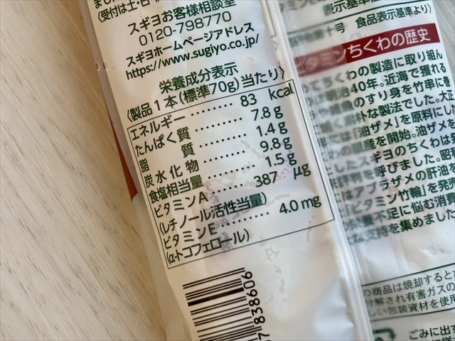 ビタミンちくわ 栄養成分表示