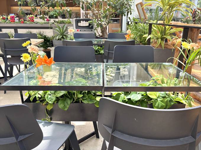 ガラステーブルの下に植物が植えられた席