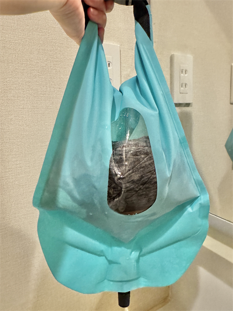 ダイソーのウォッシュバッグ 片手で持った様子