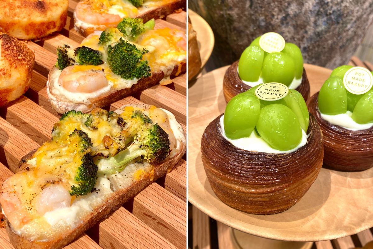 バーミキュラ ポットメイドベーカリー　ニュウマン高輪店　無水調理したブロッコリーとえびのタルティーヌ　580円　デニッシュ（シャインマスカット）680円