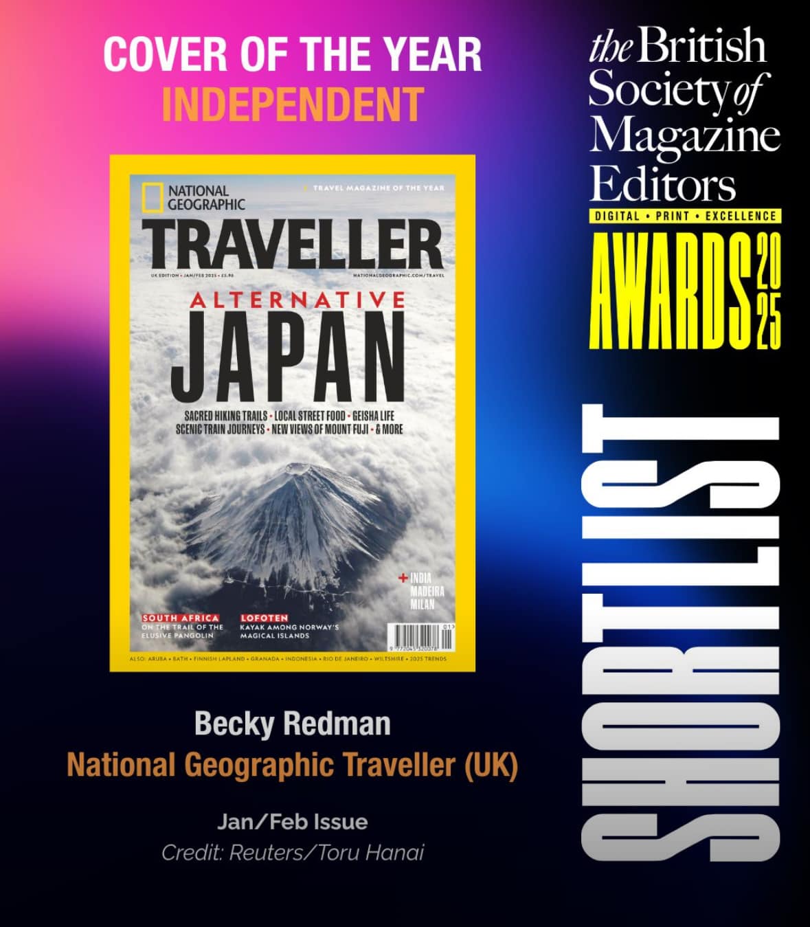 ©︎Toru Hanai 「PPA Awards」「Cover of the Year」「BSME Awards」でもショートリスト 英国版『National Geographic Traveller』の2025年1・2月合併号の表紙