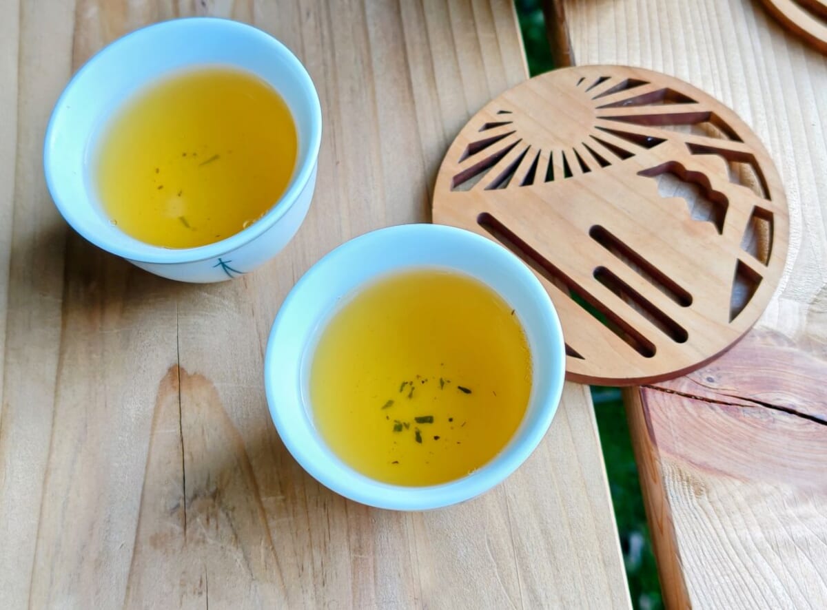 静岡県静岡市・「志田島園」体験プログラム 「茶畑・わさび田＆縁側カフェ」テラス席でのお茶飲み比べ体験（玉川ほうじ茶）