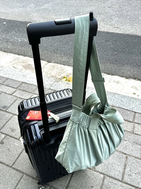 セリア　キャリーケース用フック　バッグを掛けた様子