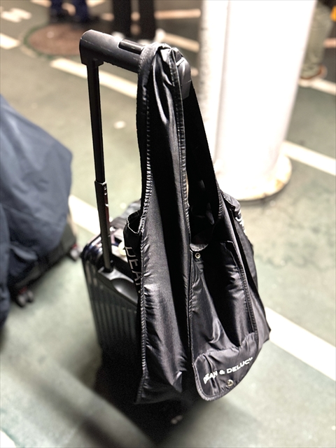 セリア　キャリーケース用フック　エコバッグを掛けた様子