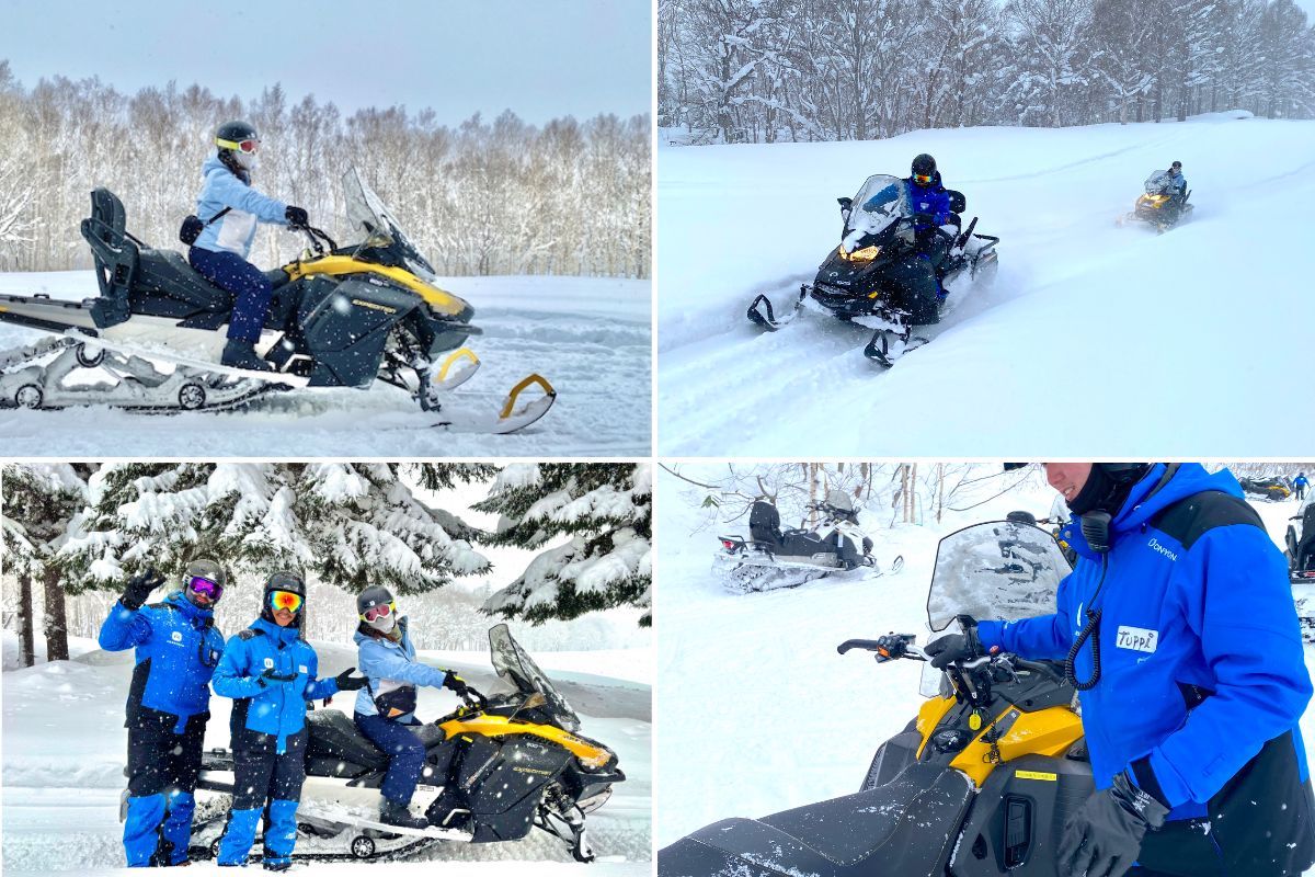 北海道ニセコ・花園　スキー場　スノーモービル　インストラクター 走行中　レクチャー