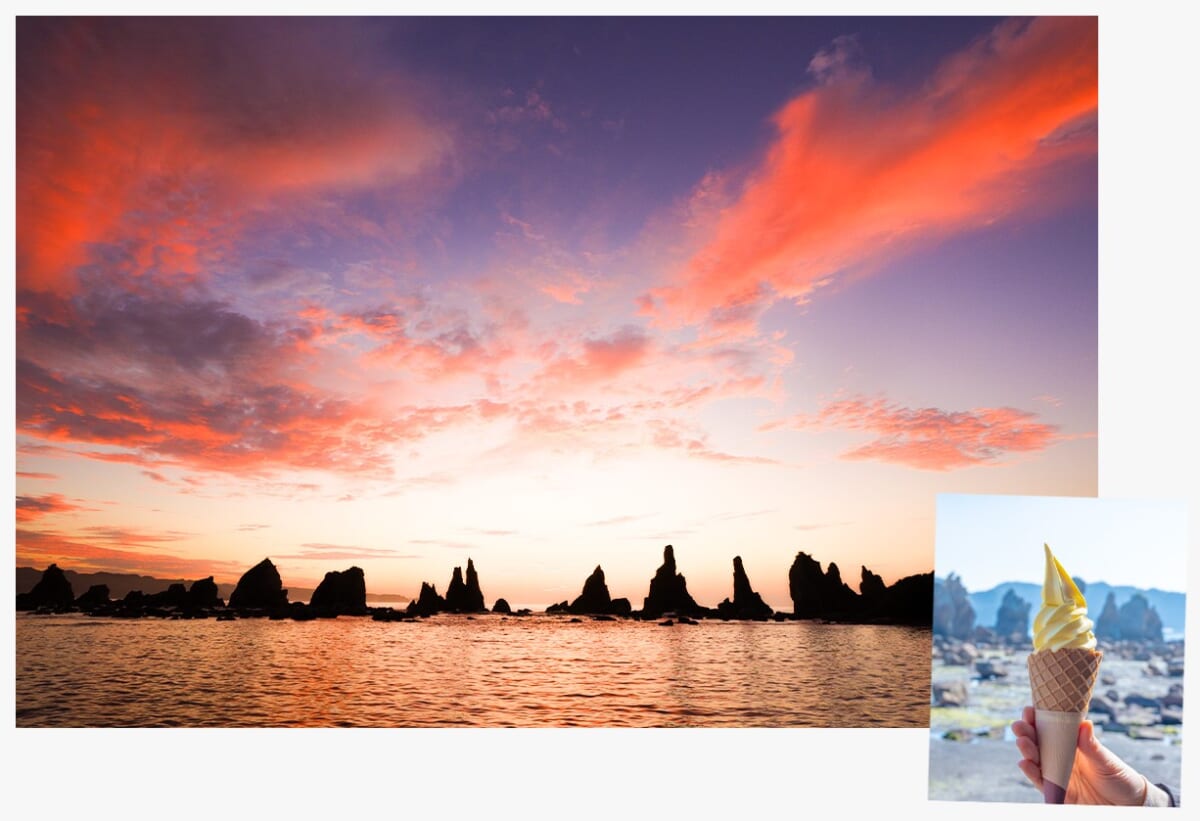 早朝の橋杭岩とアイスクリーム