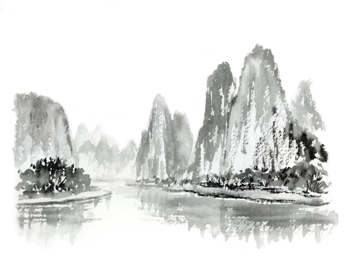 桂林をイメージする水墨画　山水画